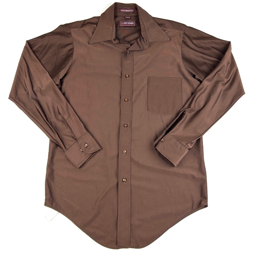 Van Heusen mens vintage 70s Qiana nylon butterfly collar brown disco shirt Sz 15